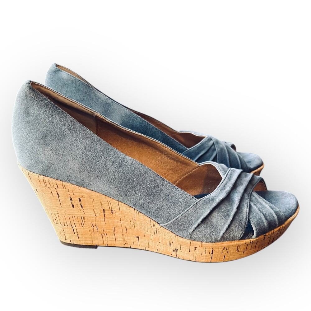 Sofft Olwen Women's Iris Blue Suede Open Toe Cork Platform Wedge Sandal Size 11M